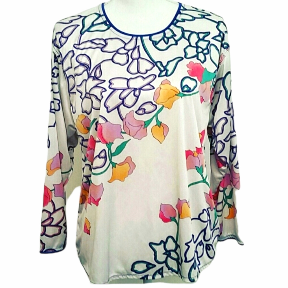 Floral White Long Sleeve Wearable Art Blouse EUC sz XL
